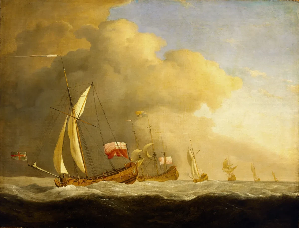 Painting of yachts on a dark sea with large sunlit clouds in the sky.