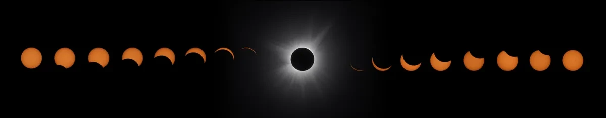Photo showing progression of Moon moving in front of the Sun incrementally, with a total eclipse in the middle