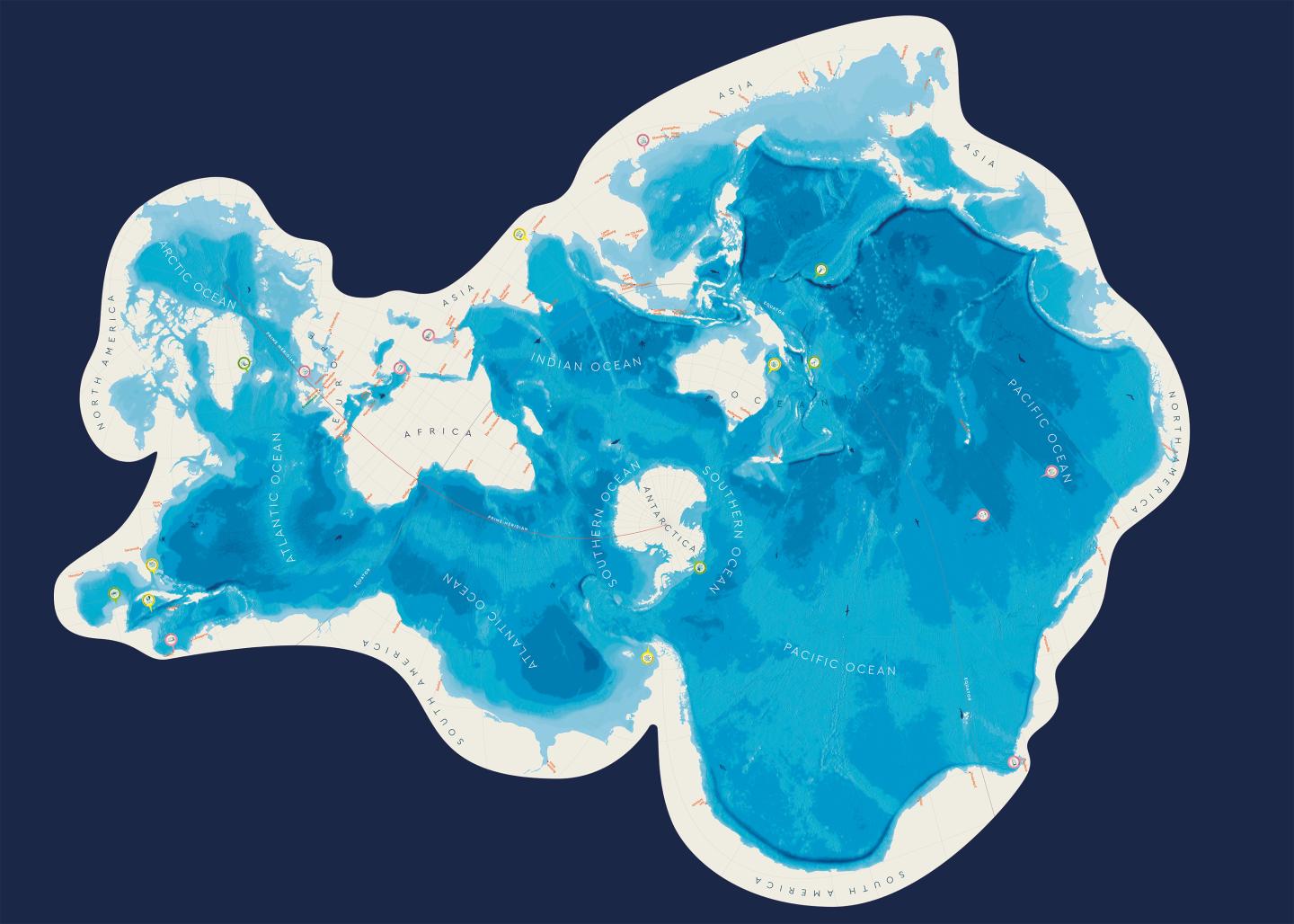 A type of world map known as a Spilhaus Projection, presenting the ocean as one single body of water. This version was created for display at the National Maritime Museum