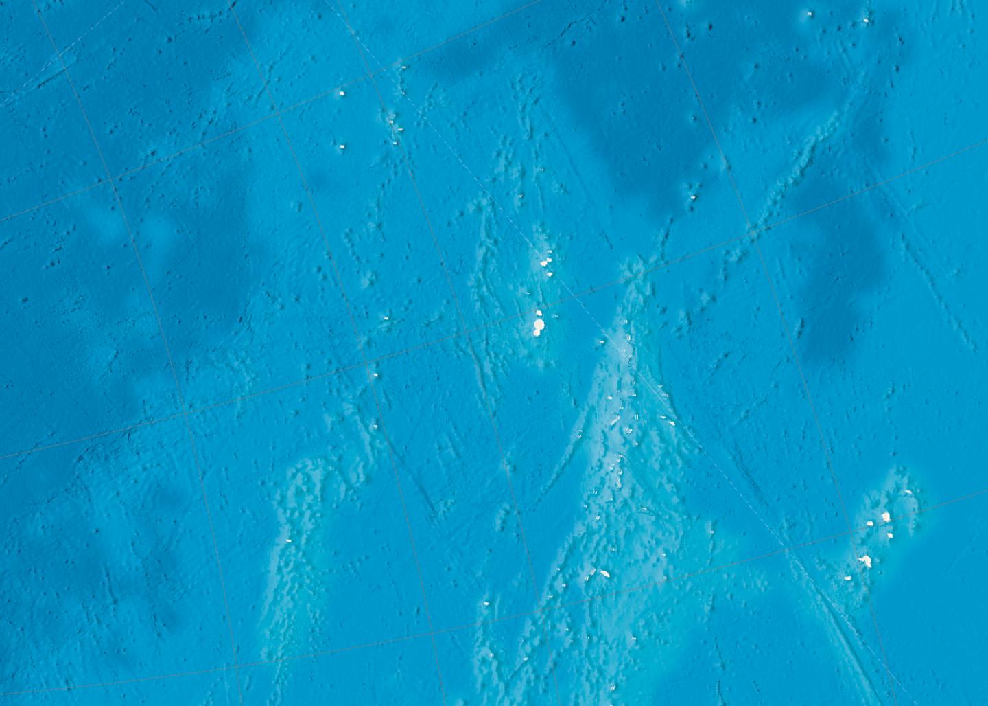 A detail from a large-scale floor map of the ocean, showing tiny islands in the middle of the Pacific Ocean