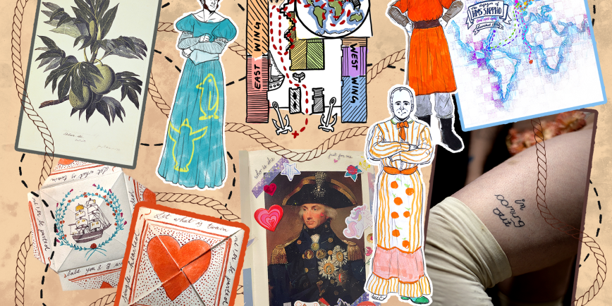 A collage of images produced or sourced by Queer History Club members including a tattooed arm saying 'i'm coming out', male polar explorers wearing coloured-in dresses, and a historic love token 