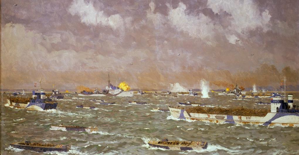 June 6th: landing craft going in to the beaches (D-Day, 6 June 1944) - artwork by Norman Wilkinson (BHC1635)