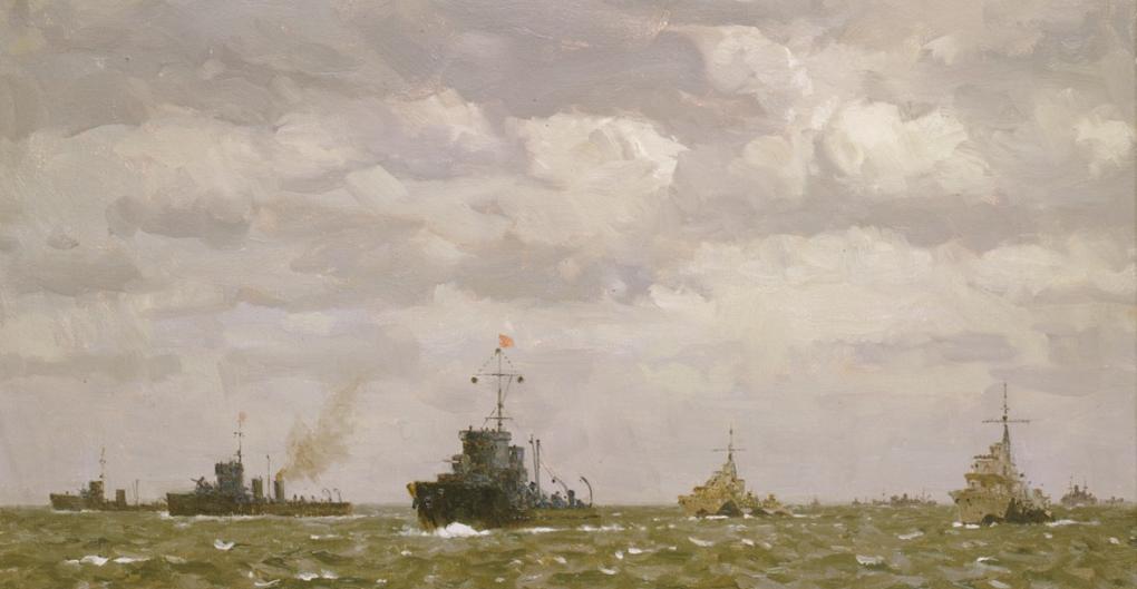 Minesweepers sweeping ahead of the destroyers: early morning, D-Day (6 June 1944) - artwork by Norman Wilkinson (BHC1635)