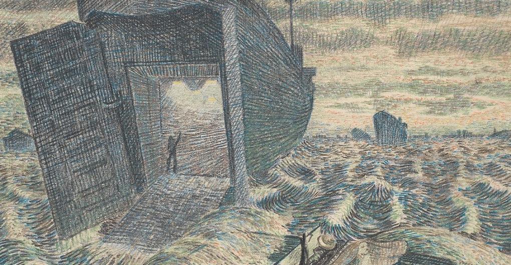 'In the last light of D-Day a medical DUKW takes us to the Hospital ship' - drawing by  John Charles Wood Heath (PAJ2924)