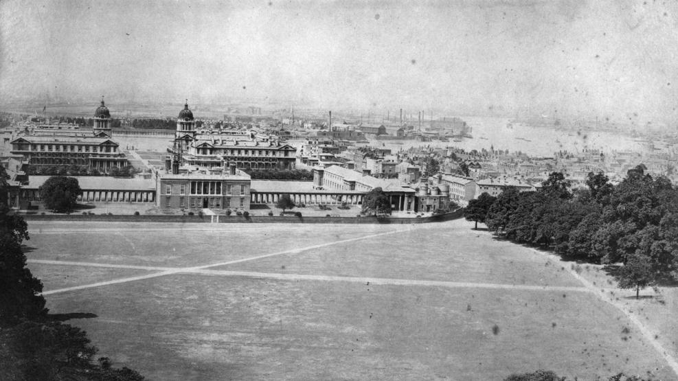 Historic black and white photograph of Greenwich, including the Queen's House and the Old Royal Naval College