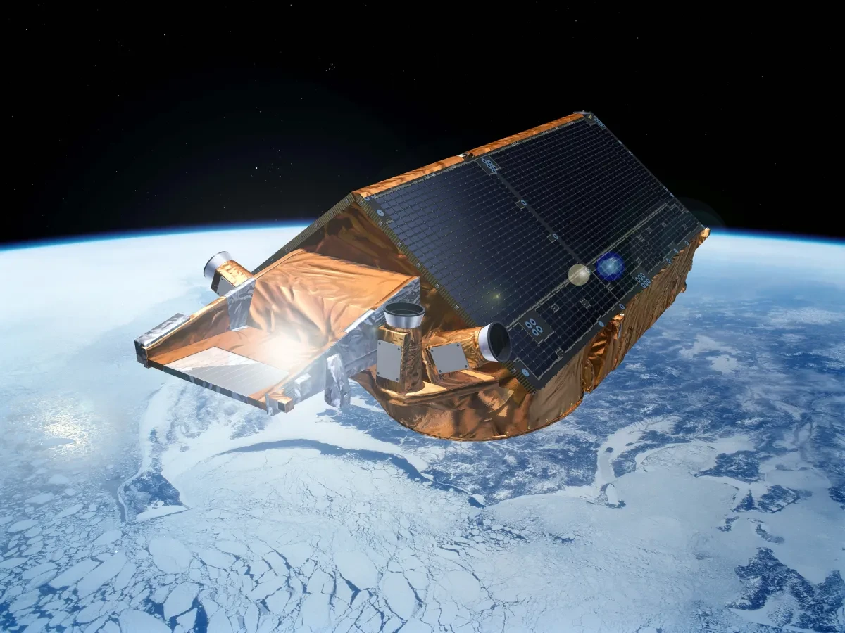 An artist's impression of CryoSat, a European Space Agency satellite which is able to measure the changing thickness of the polar ice sheets and floating sea ice