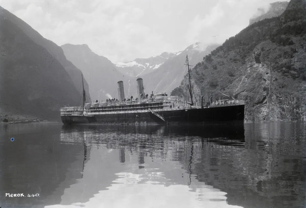 A slightly distant starboard side view, taken from ahead of the beam, of the Orient Line cruise ship Ormonde (1917)