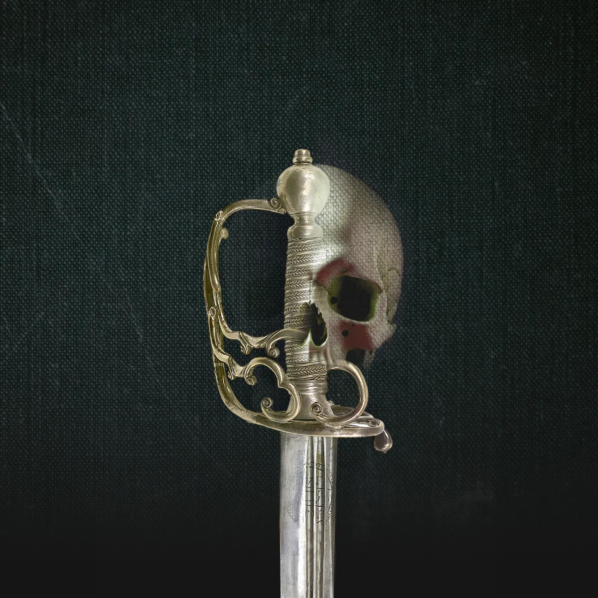 The gold hilt of a sword against a dark fabric background. The outline of a human skull has been digitally superimposed on to the right side of the hilt.