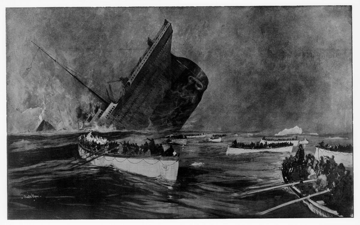 Black and white illustration showing the sinking of the Titanic, with lifeboats in the foreground attempting to row away from the sinking vessel