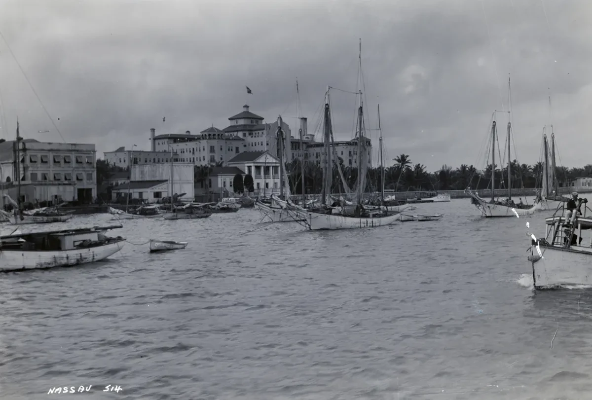 Black and white photograph of the harbour and waterfront at Nassau, Bahamas