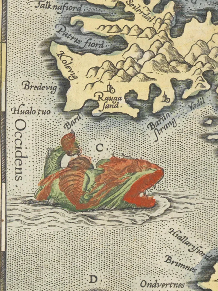 Detail of an old map featuring a sea monster illlustration.