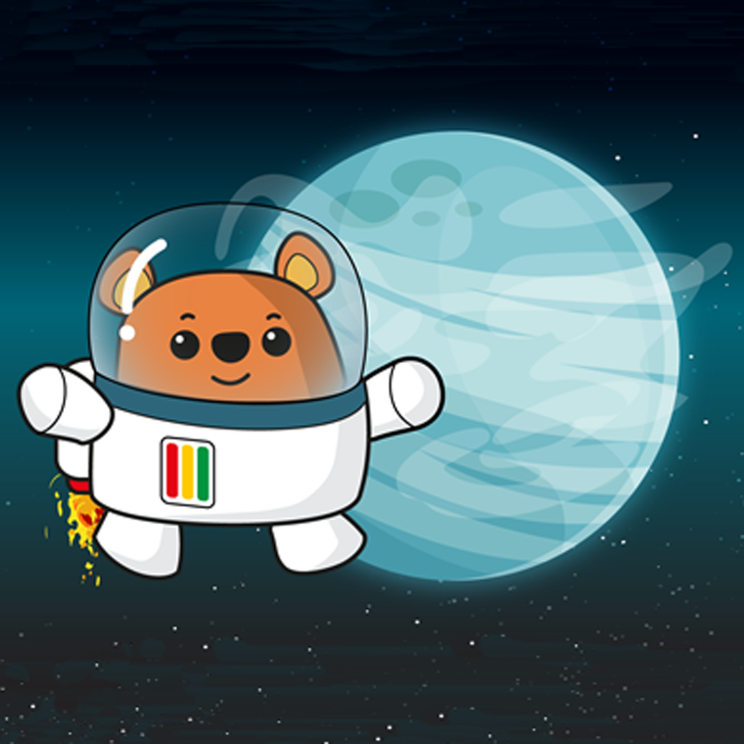 Illustration of Ted in a spacesuit in front of the Moon.