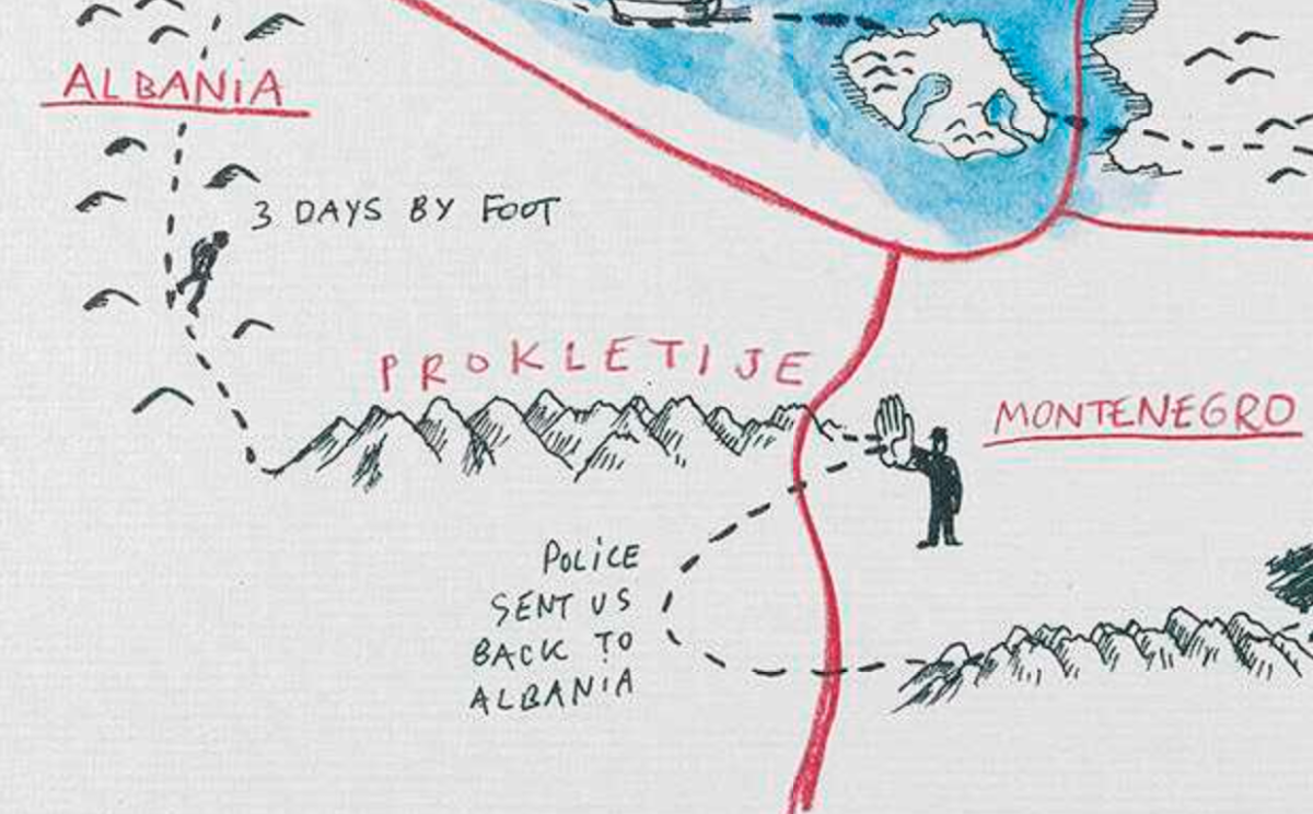 Hand-drawn map of the border between Montenegro and Albania