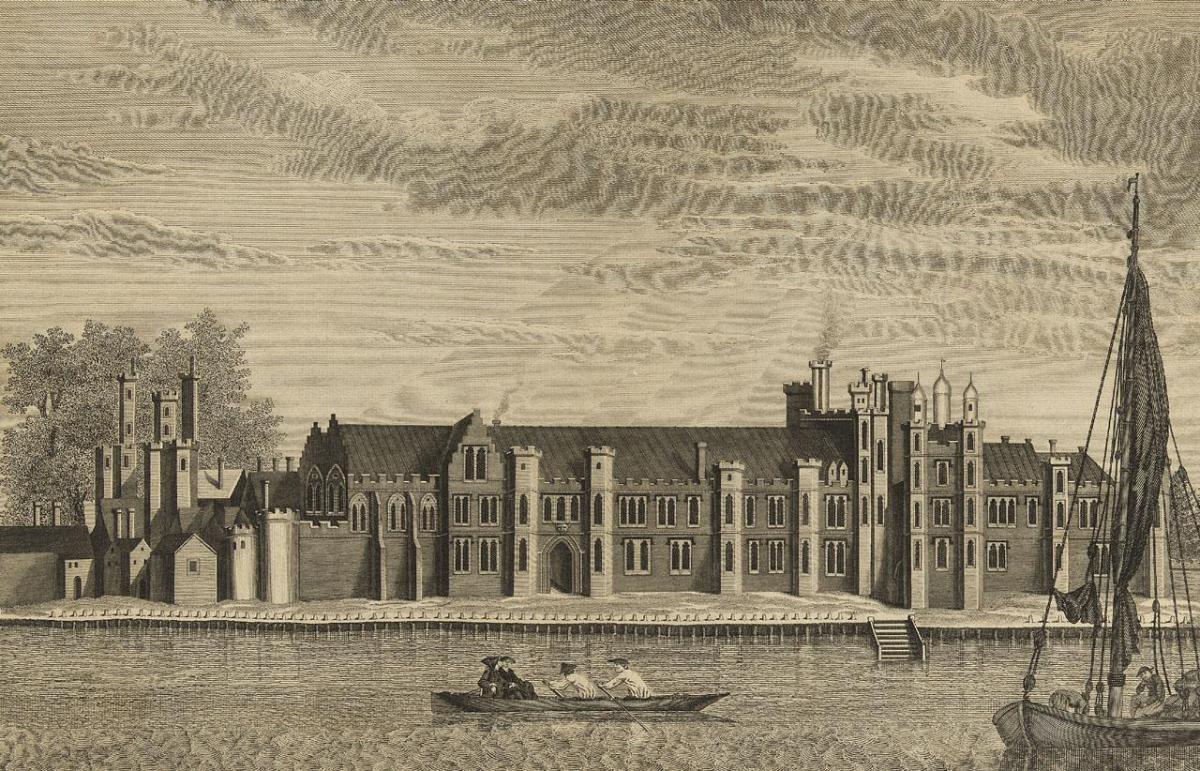 Sepia drawing of a rowing boat on the Thames passing The Palace of Placentia.