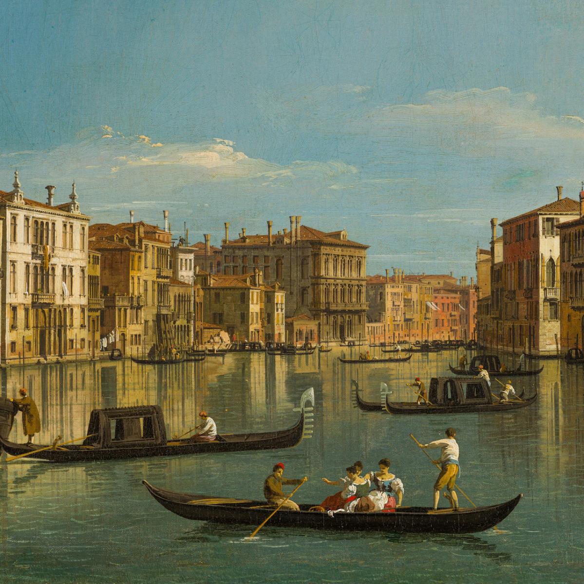 A view of the Grand Cana in Venice painted by Canaletto. Gondolas dominate the centre of the painting