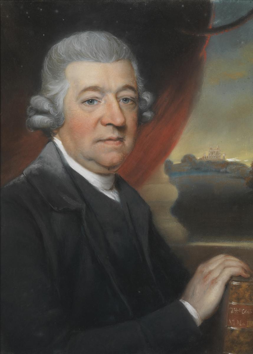 Portrait of astronomer Nevil Maskelyne in a short wig, by a window overlooking Flamsteed House.