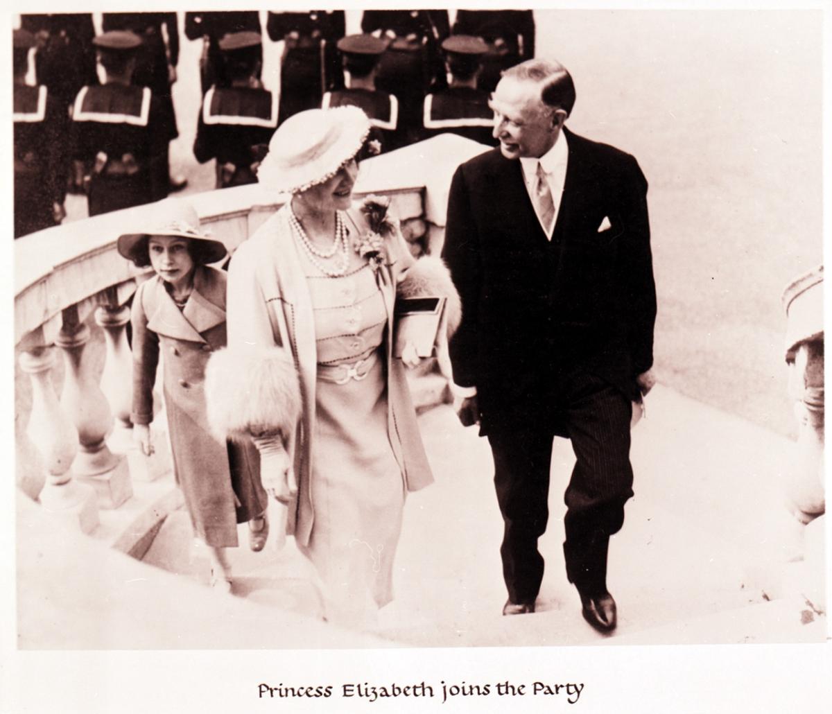 Historic photograph showing the then-Princess Elizabeth walking up the Queen's House stairs in Greenwich