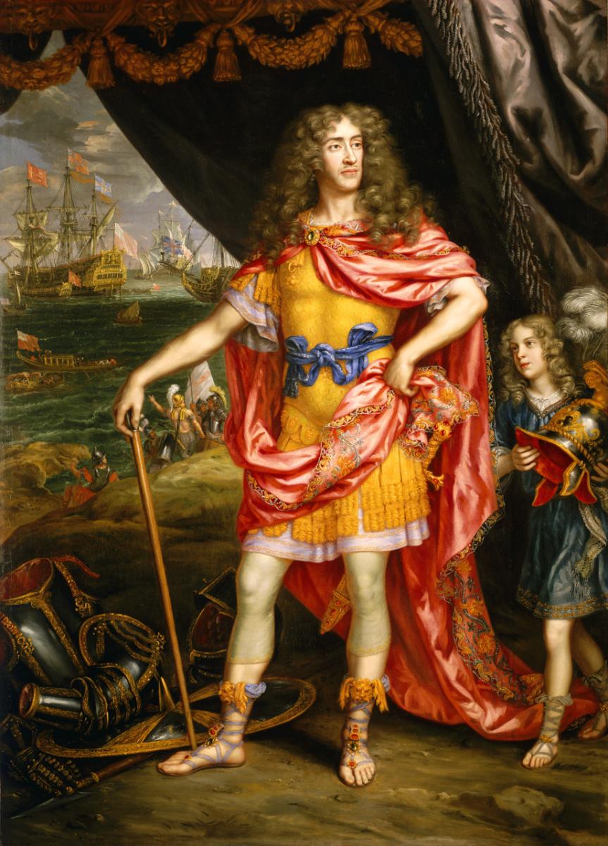 James II dressed in colourful clothes like Mars, God of War