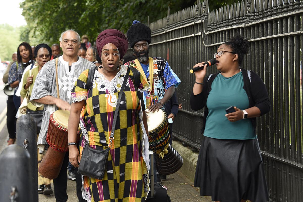 Procession down to the River Thames from the National Maritime Museum as part of Slavery Remembrance Day 