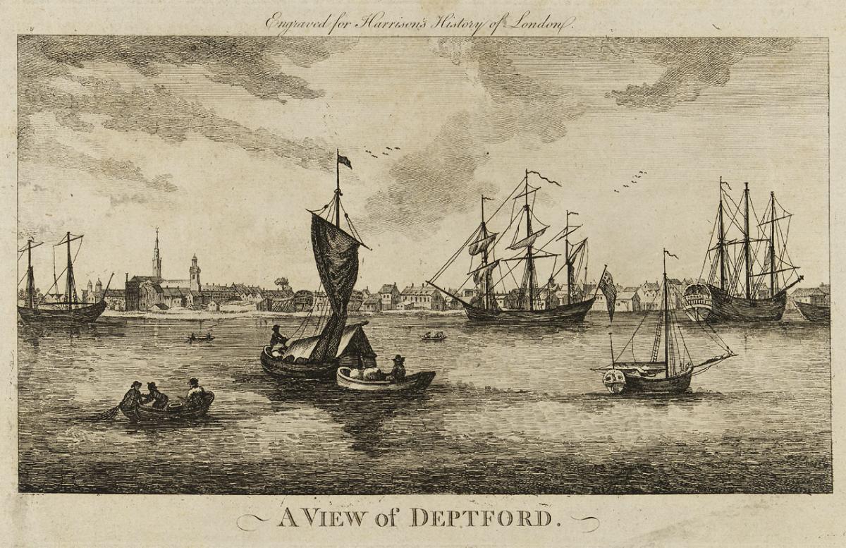 Copper-plate print, titled below the image 'A View of Deptford' and lettered above it 'Engraved for Harrison's History of London' identifying it as a plate from Walter Harrison's publication of 1775.