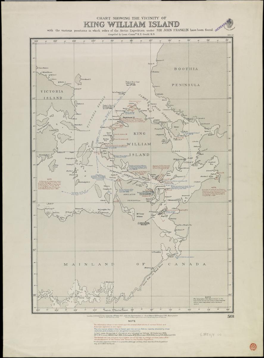 Chart showing the vicinity of King William Island with the various positions in which relics of the Arctic Expedition under Sir John Franklin have been found