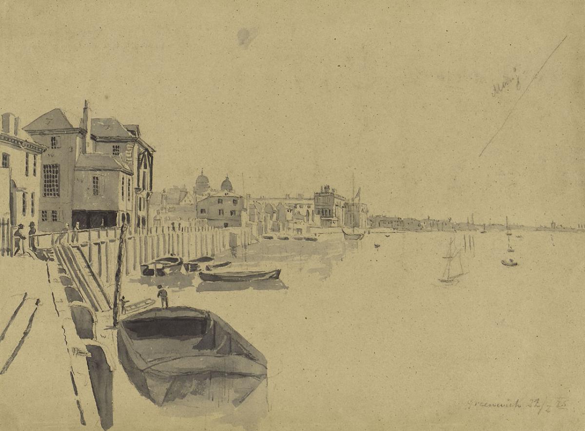 A drawing of the River Thames at Greenwich, with small boats moored up on the quayside and a row of houses to the left