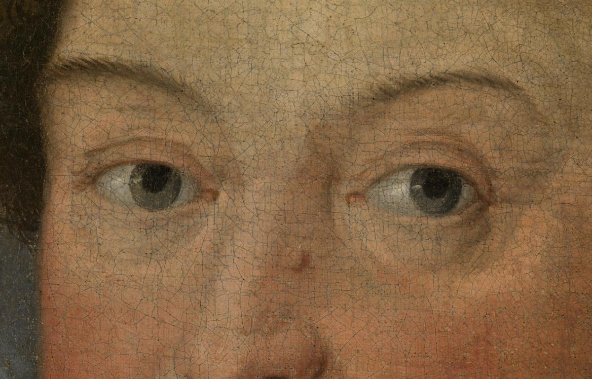 A close-up of a painting of Sir Francis Drake showing his eyes