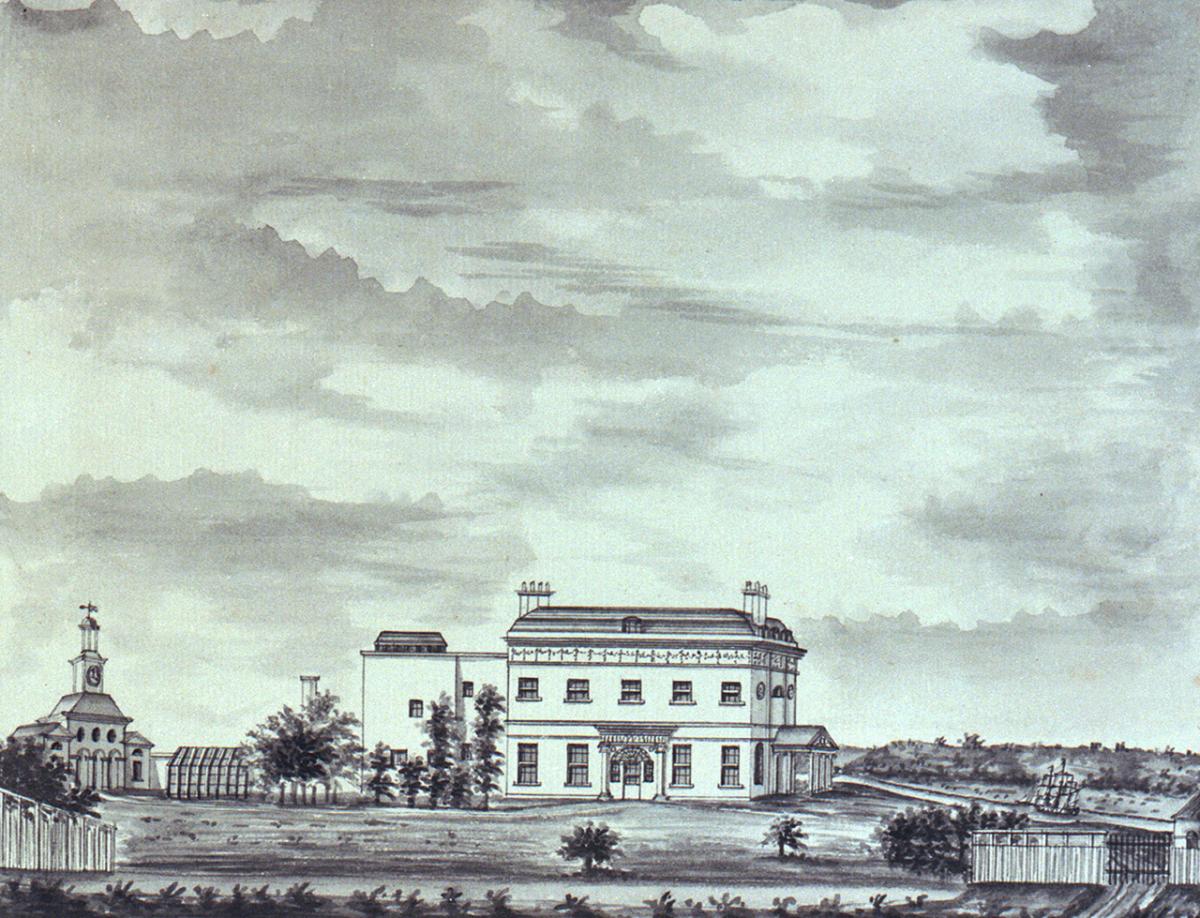 A black and white drawing of a manor house on a hill, with large grounds all around