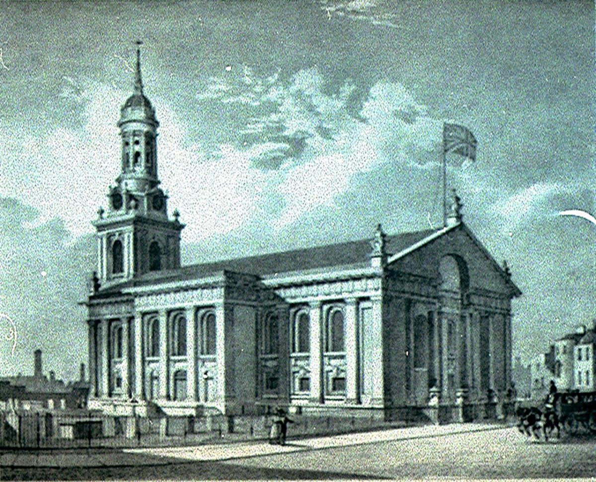 A black and white historic illustration of St Alfege Church in Greenwich