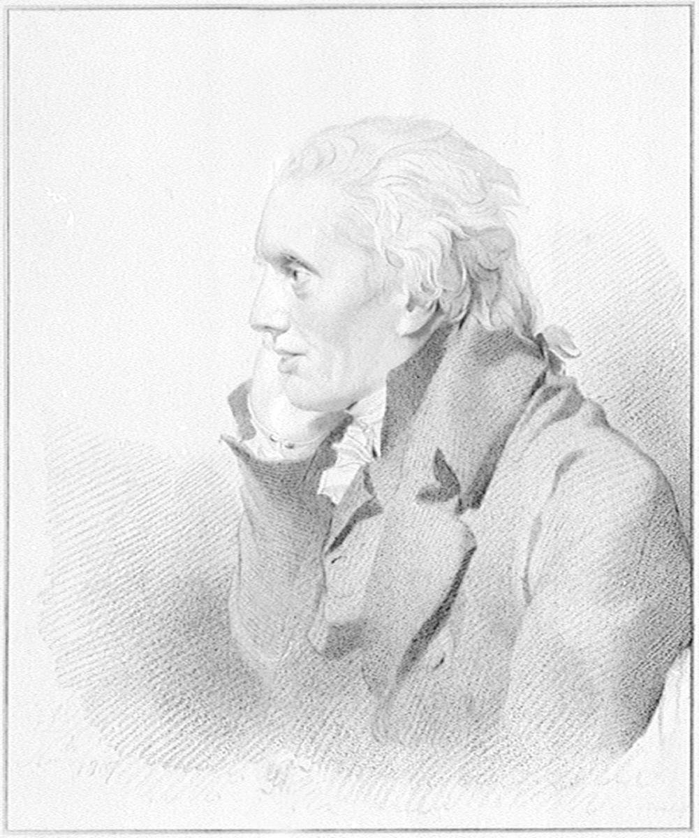 A black and white drawing of Sir Francis Baring. He is looking to the side with his head resting on his right hand