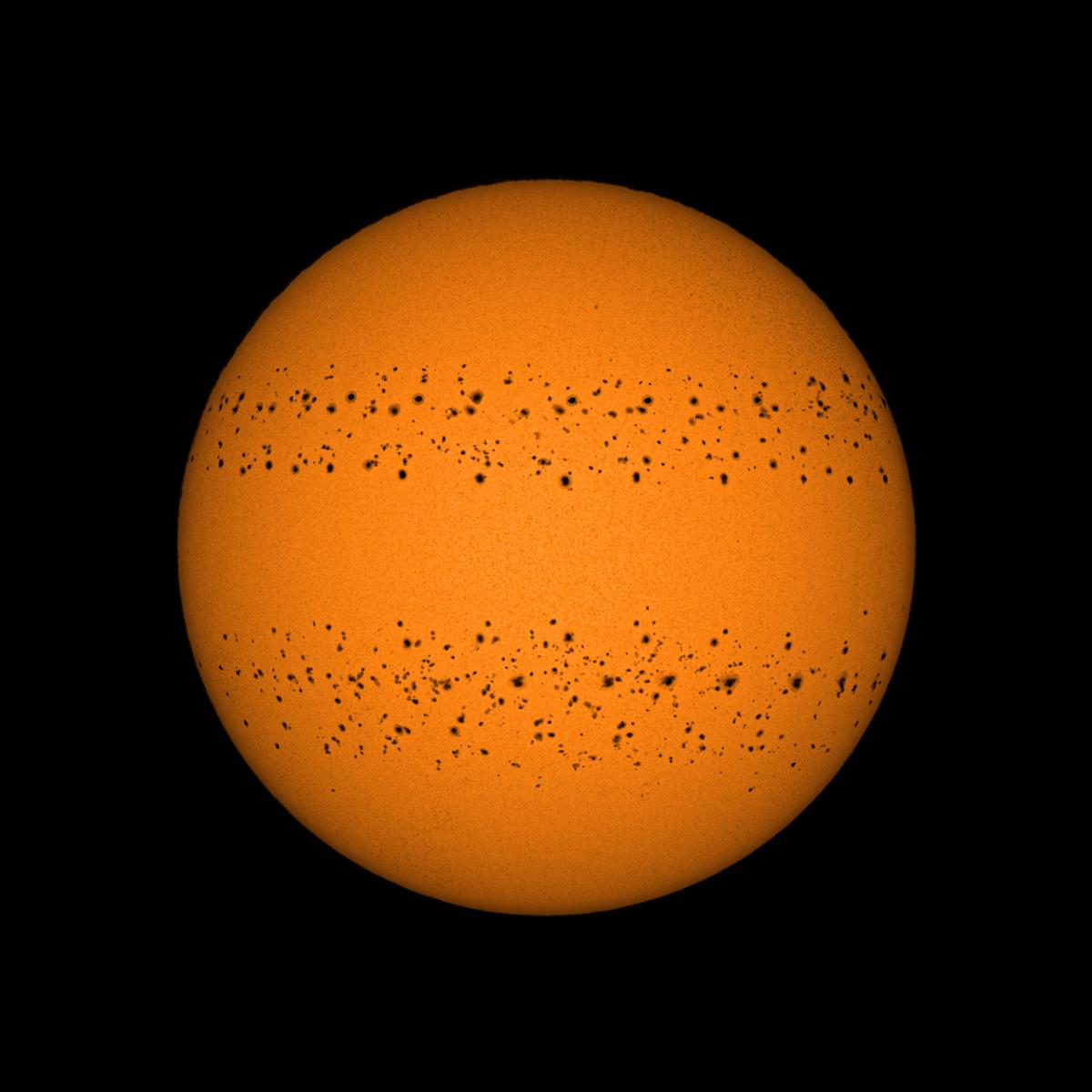 Image of the Sun made up of 365 images of the Sun, recording a sunspot moving across it