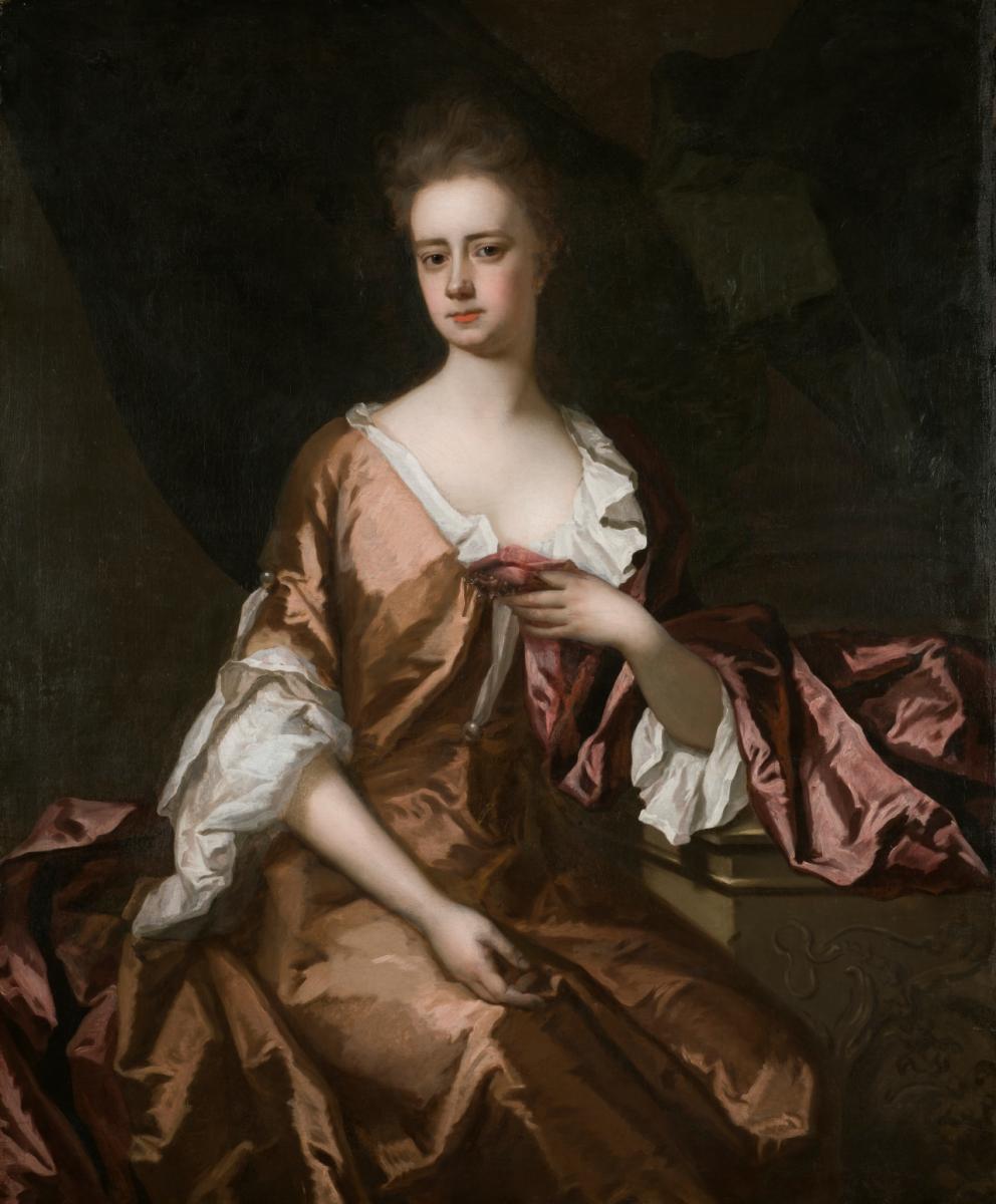 18th century painting of Catherine Kerr who wears a brown dress with pearl fastenings