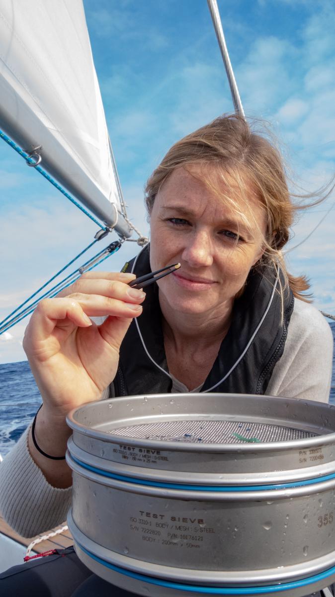 Emily Penn holding microplastic