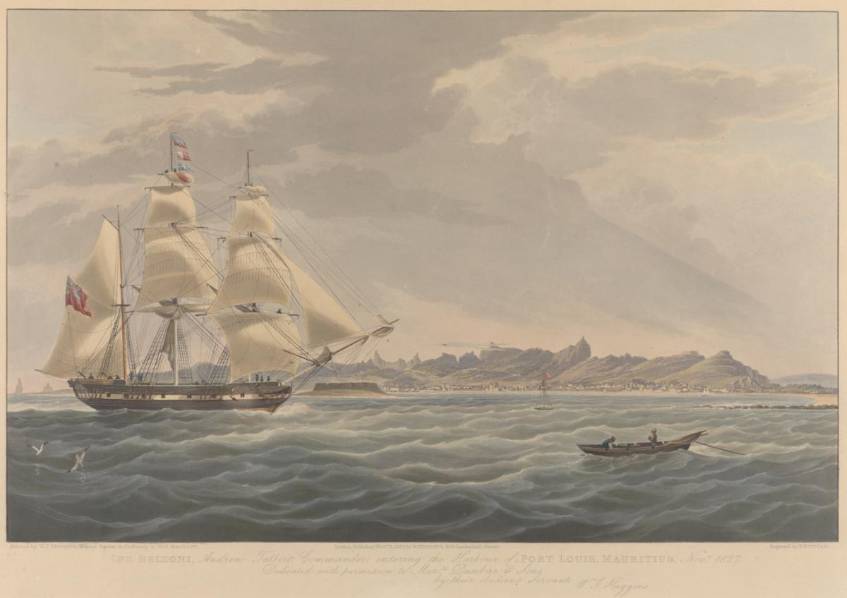 Painting of barque Belzoni on a calm sea with green island in background