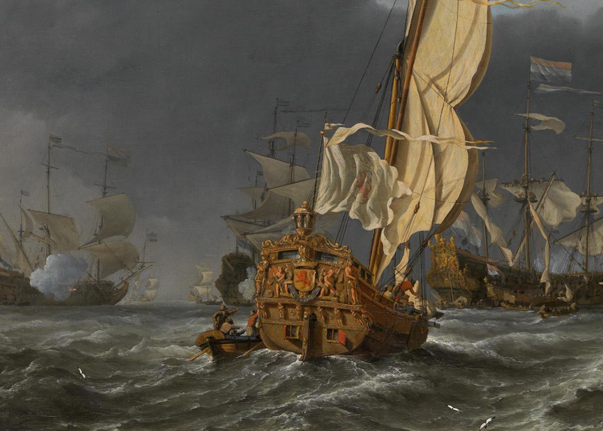 An oil painting of a highly decorated sailing ship, with a small boat pulled alongside