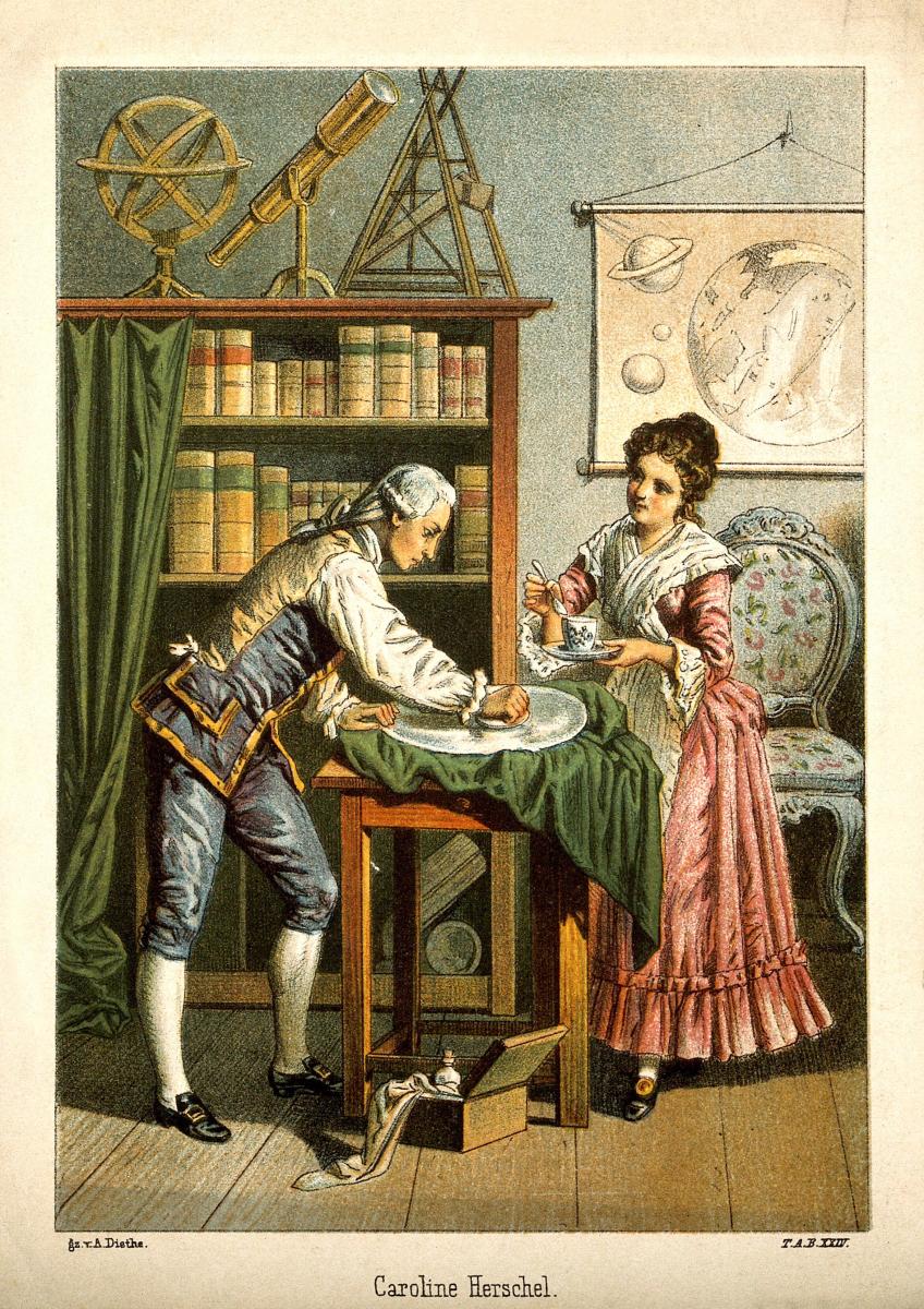 Lithograph of Caroline Herschel grinding powder for her brother William, who is making a mirror