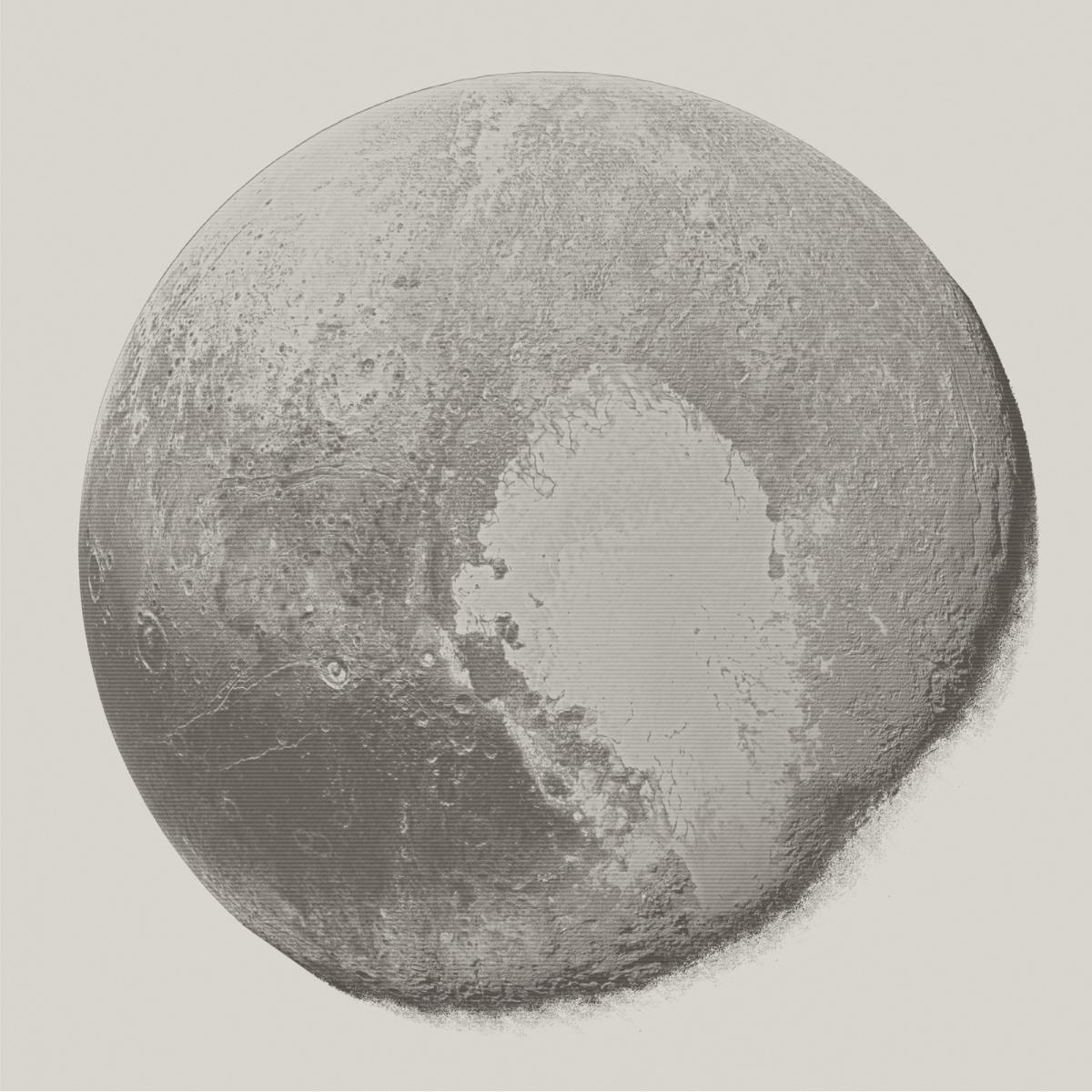 Monochromatic image of Pluto which imitates engraved print