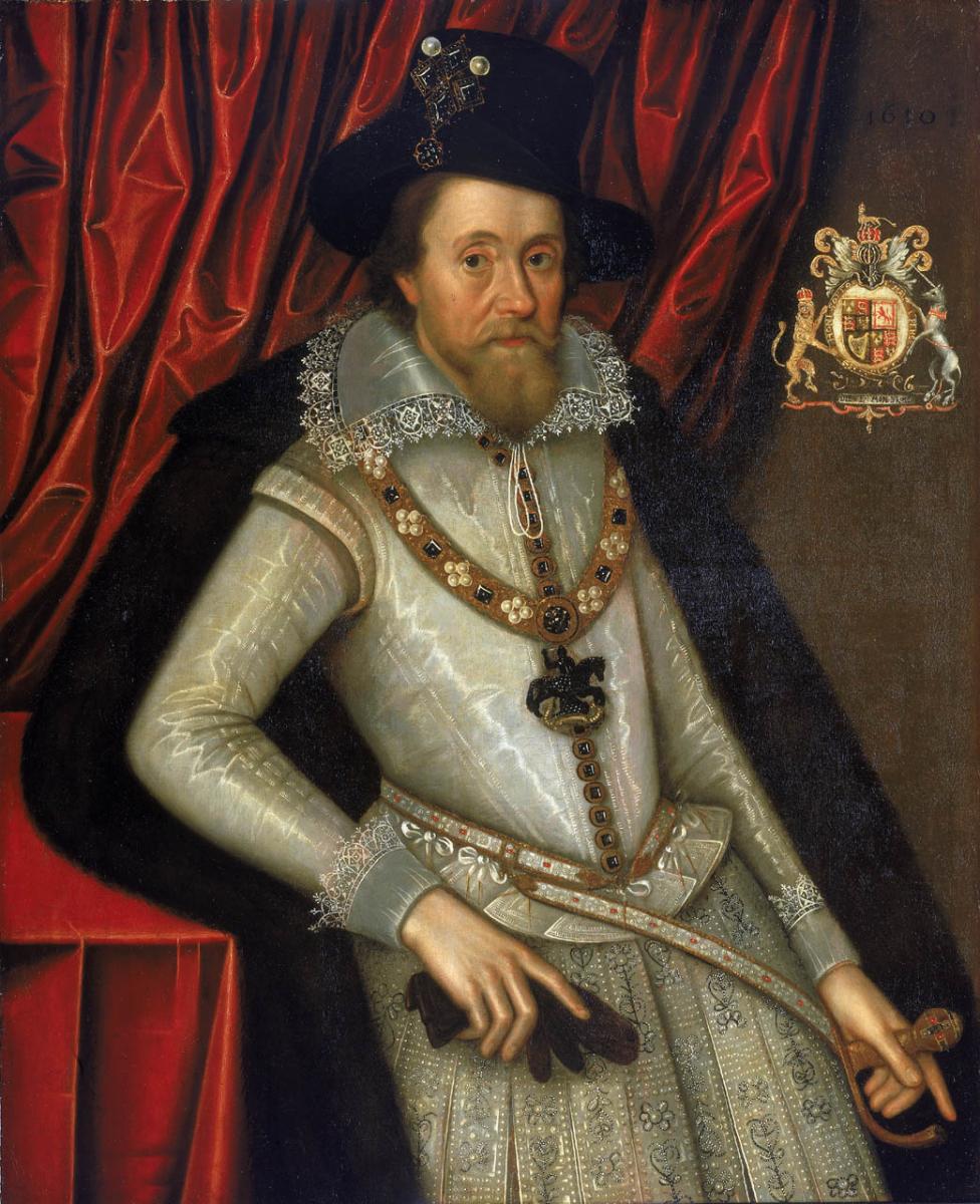 Portrait of King James wearing white robes