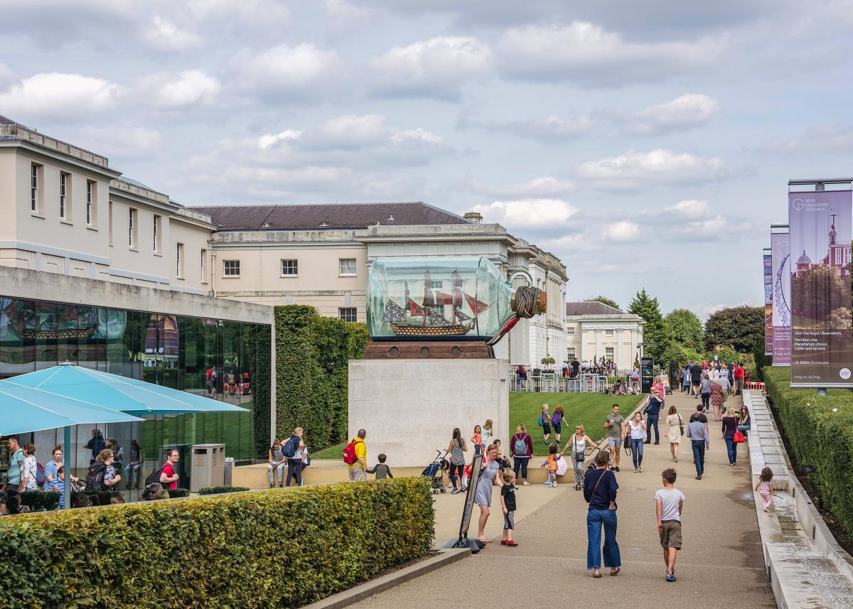 The Parkside Cafe and Ship in a Bottle Statue outside the National Maritime Museum 