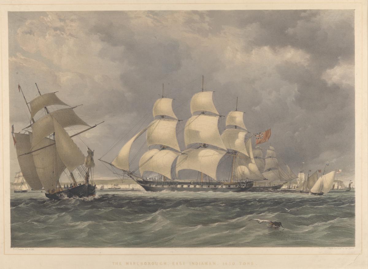 Hand-coloured historic print of a sailing ship at sea with sails flying. A smaller vessel in shadow is visible just to the left