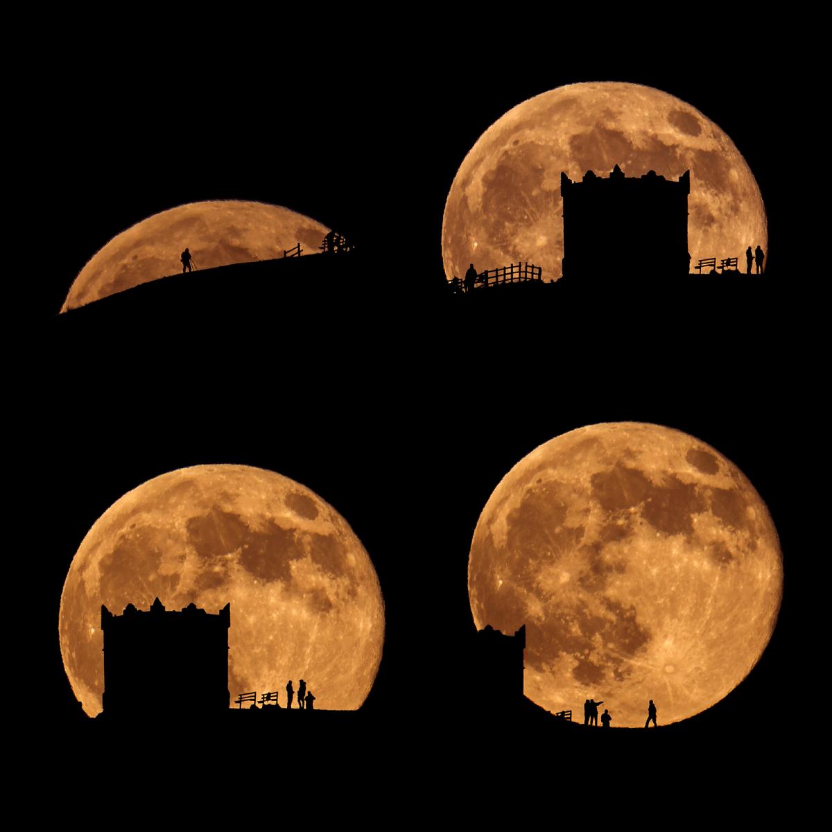 Sequence of orange Full Moon rising over the silhouette of a hill topped with a tower