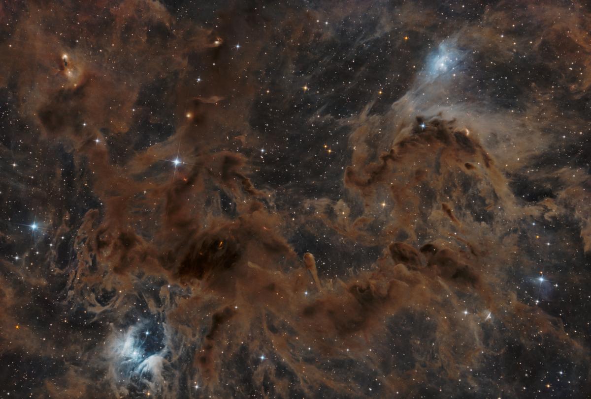 Image of a brown swirling nebula which resembles a brown liquid in water, against a black starry night sky