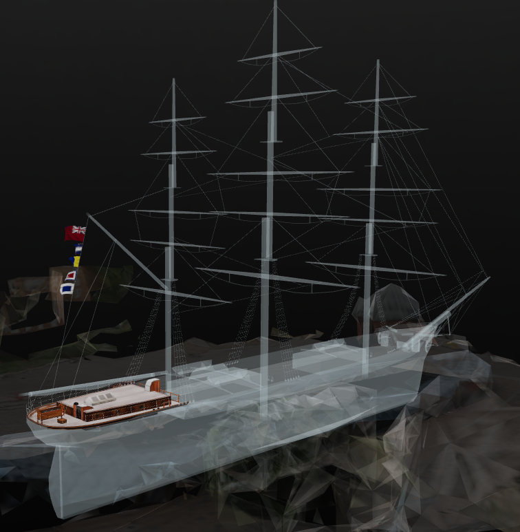 3D tour graphic of Cutty Sark ship with three masts