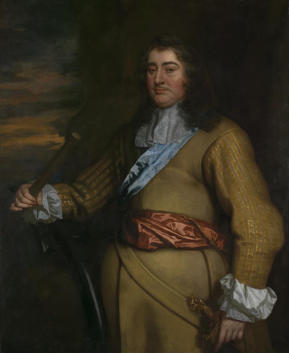 A man dressed in a sleeveless leather jerkin over a buff coat, heavily barred with gold down the length of the sleeves