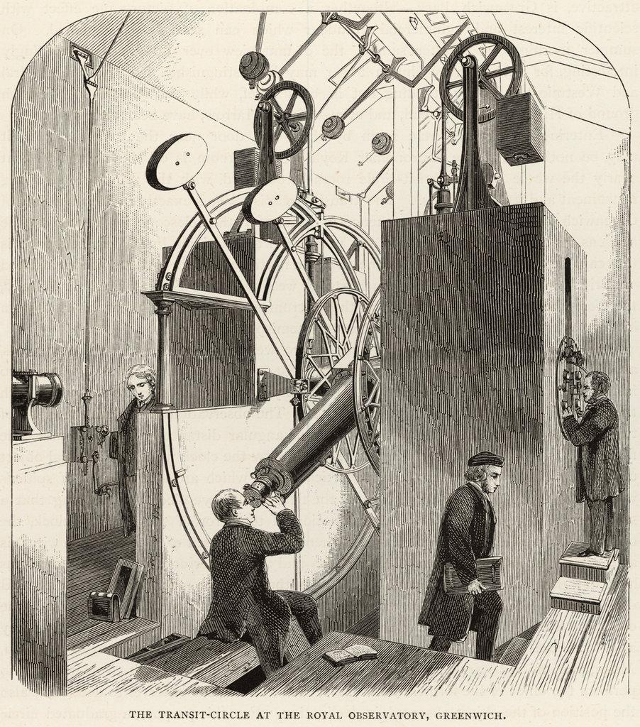 Engraving of an astronomer using the Airy Transit Circle, a telescope installed at the Royal Observatory Greenwich