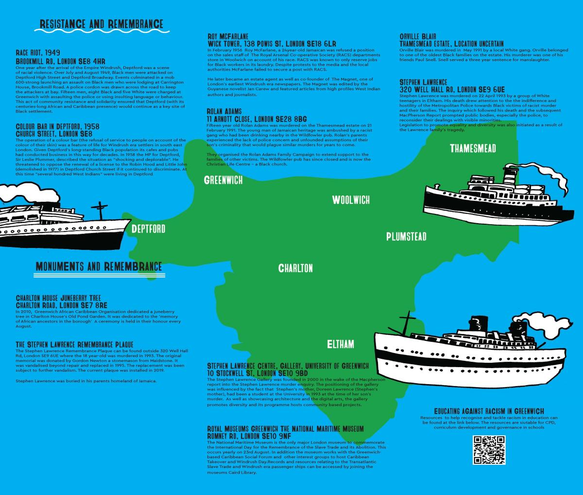 A page from the Great Greenwich Windrush Trail, showing a map of Greenwich and descriptions of key figures and moments in black history in the borough