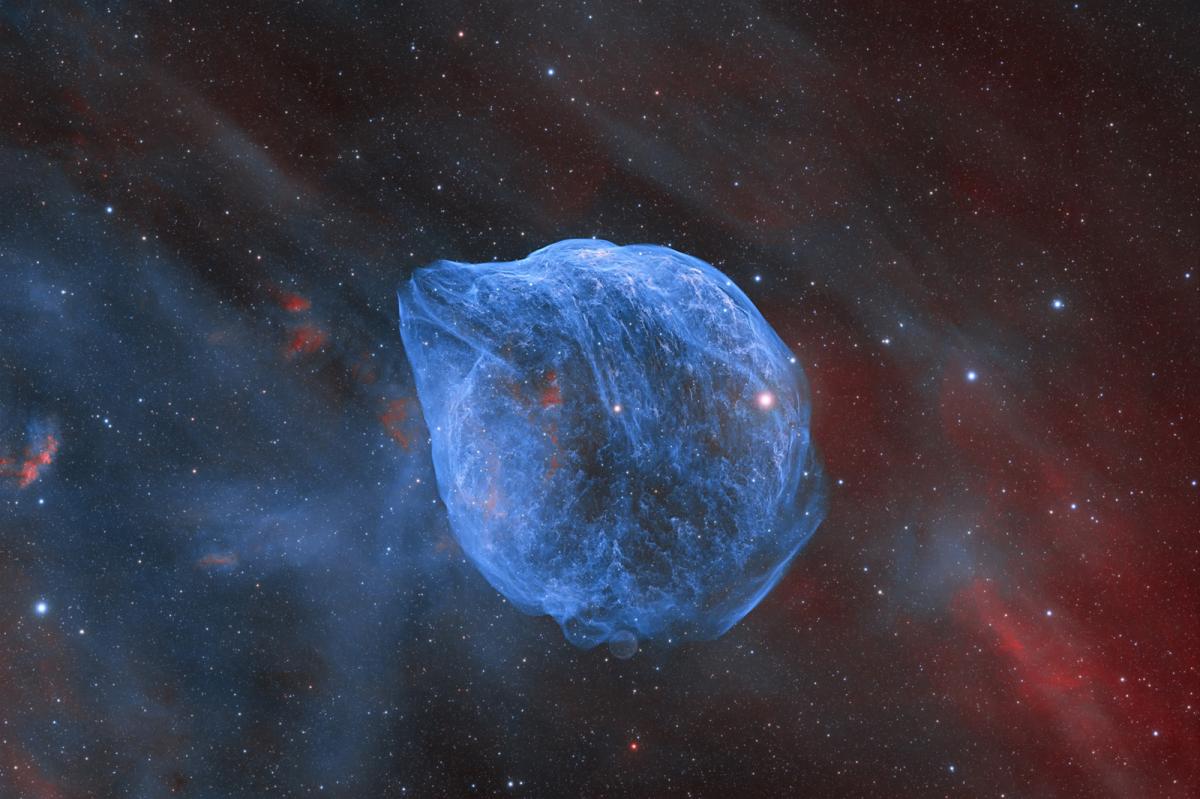 Telescope photograph of the Dolphin Head Nebula, showing a hazy blue dolphin-shaped cloud of gas against a inky black background