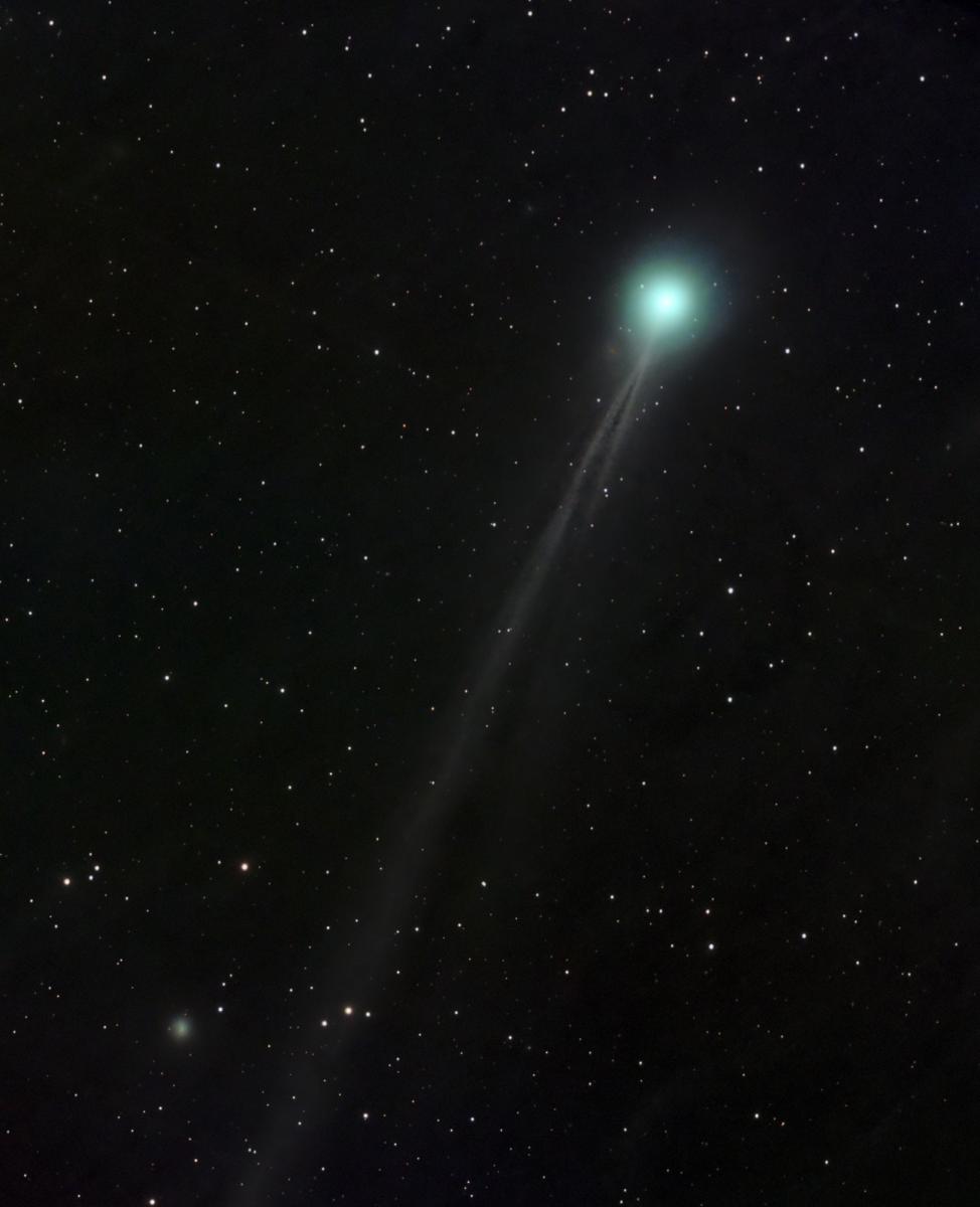 Image showing a bright green comet against a black starry sky, the Comet has two tails, one long that disappears slightly towards the end, and a shorter one to its right