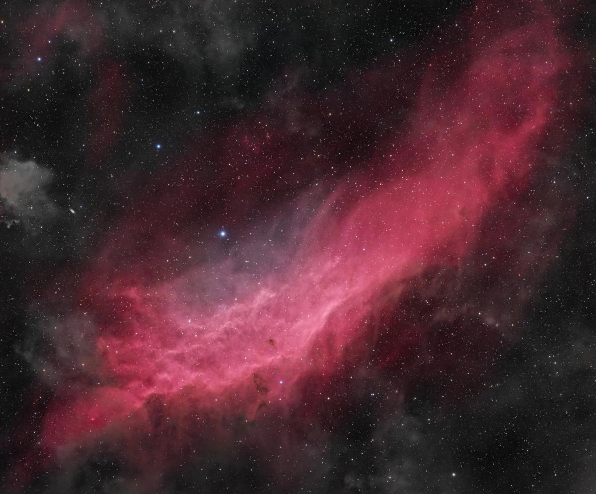 Image of the California nebula, a curved cloud shape coloured in light pinks in the middle and darker pinks on the outer parts. There are hundreds of stars in the sky, which is black around the nebula