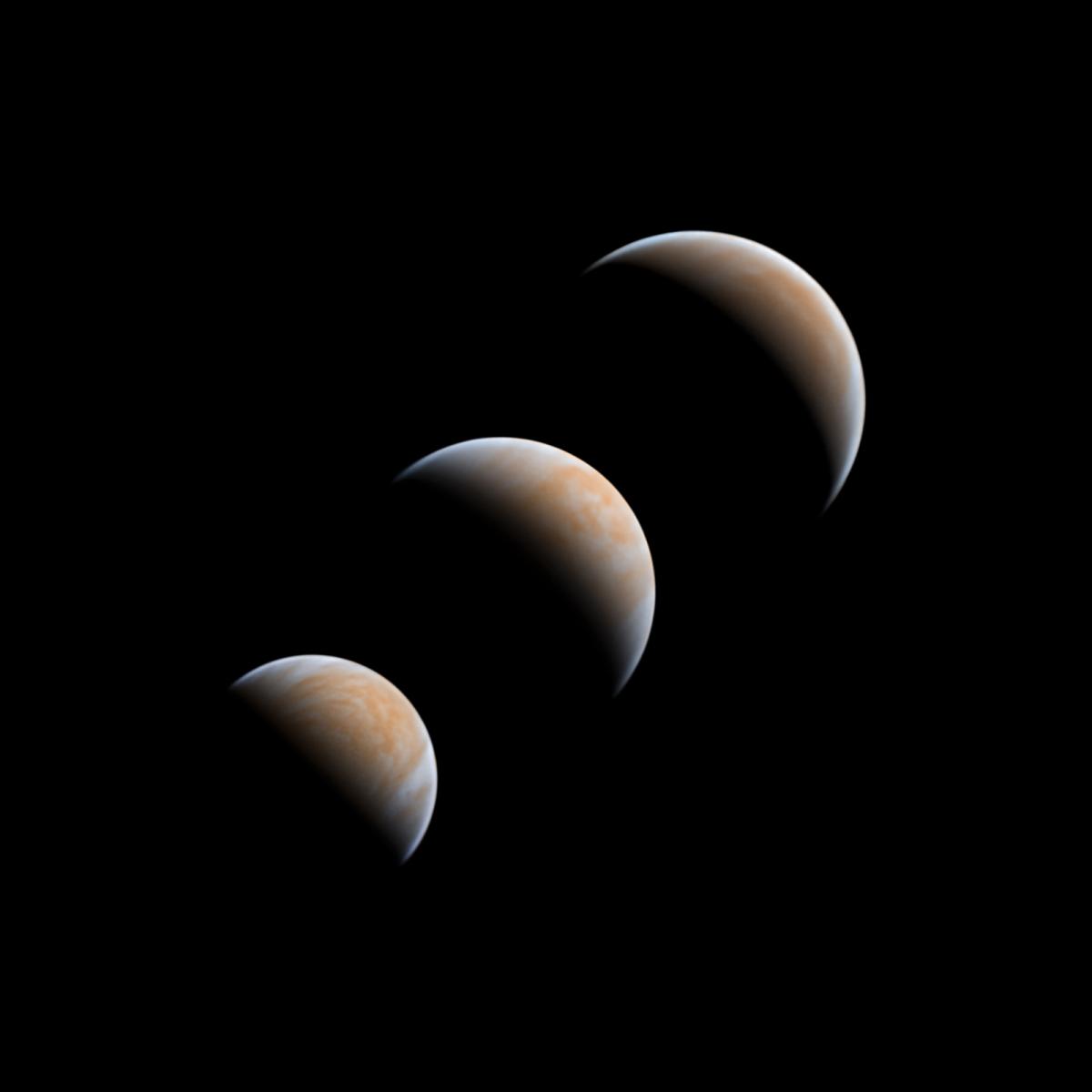 Composite photograph showing three separate images of the planet Venus. Ultraviolet (UV) and infrared filters reveal the intricate cloud structure within the upper atmosphere